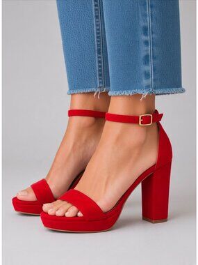 Red Faux Suede Block Heel Sandals With Adjustable Ankle Strap